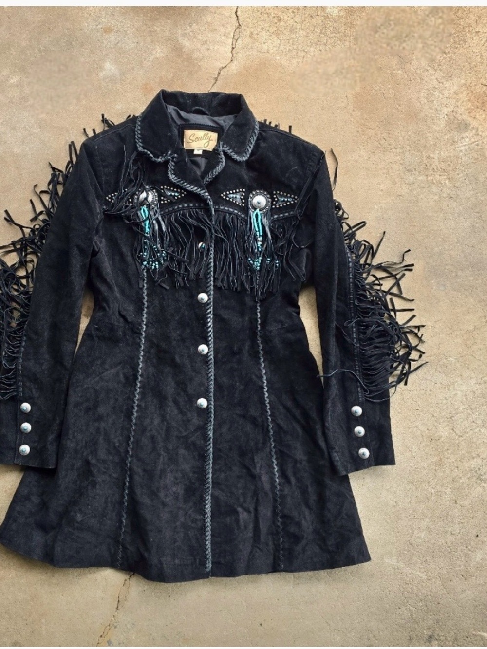 Scully Black Suede Fringe Western Coat with Conchos